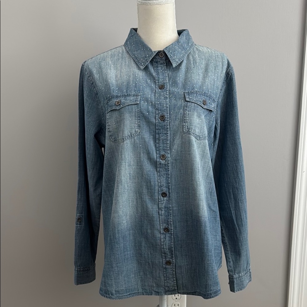 Denim Button-Up Shirt With Rhinestones Size 0X